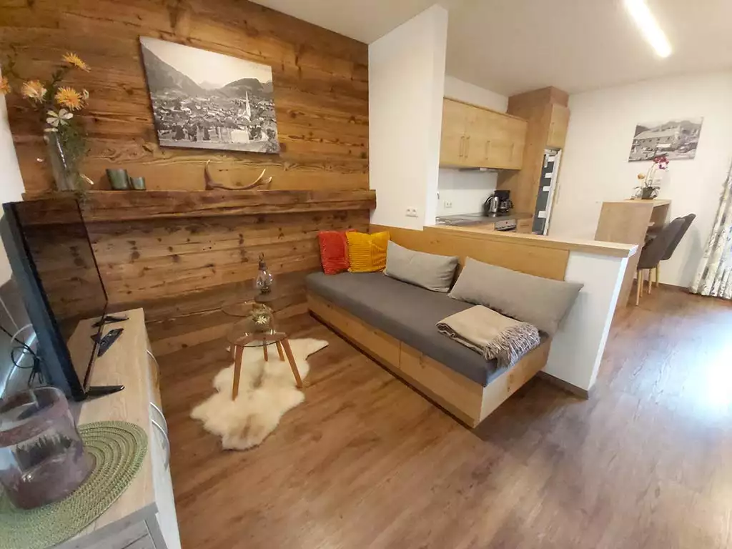 Wohnraum Ferienwohnung mit gemütlicher Sitzcouch, Tv und Küche